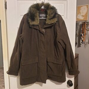 WOOLRICH Womens Loden Dark Green Corduroy Fur Collar Winter Parka Jacket XL